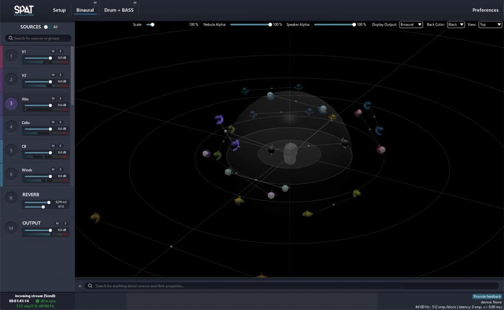 SPAT Revolution binaural view: orchestral sound sources arranged in a 3D dome around a central listener